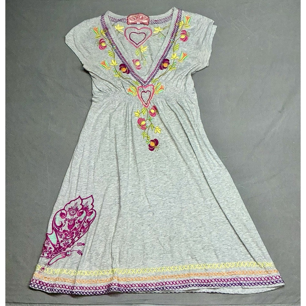 JWLA Johnny Was Grey Embroidered Heart Floral V-Neck Empire Waist Dress Medium
